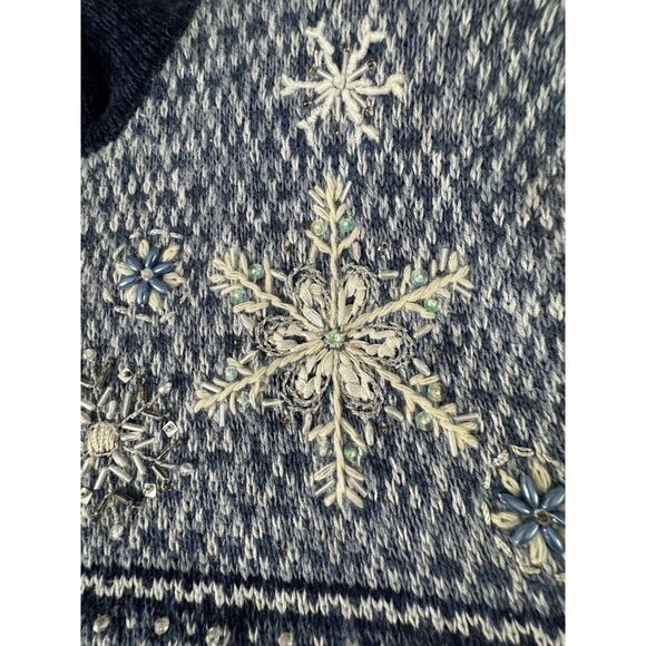 VTG Stitches In Time Womens L Blue White Granny Sweater Beaded Snowflake Holiday - Picture 7 of 13